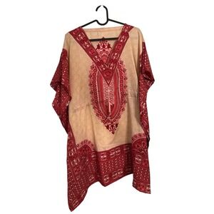 Brhamaki River Of Roses Kaftan Tunic Women Red Beige Boho Beach Cover Up Flowy